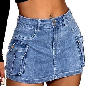 High Stretchy Denim Cargo Skort for Women, High Waist, Casual Mini Y2K Jean Skir